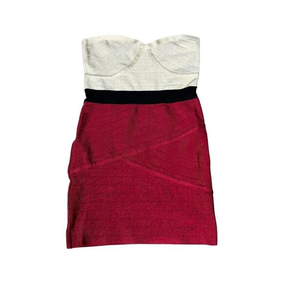 New Bebe Bandadge Dress Size XL Bodycon Red Gold Shimmer Mini Cocktail Glam Gala - Picture 10 of 10